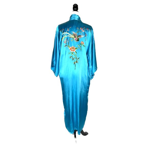 Vintage Golden Bee Turquoise Blue Embroidered Robe Kimono - Picture 2 of 11